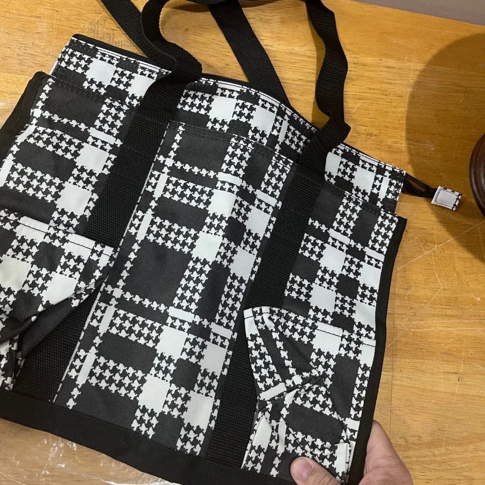 Thirty-One Zip-Top Organizing Utility Tote Houndstooth Plaid Black White 51AL660